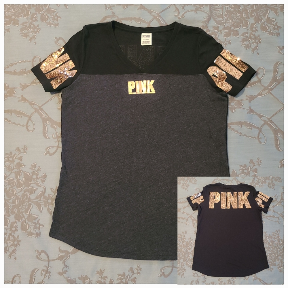 Victoria's Secret PINK V-Neck Short Sleeve Bling Tee Shirt Black Gray Size Large